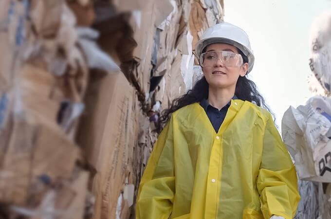 Cardboard Recycle Center and Woman in Hard Hat